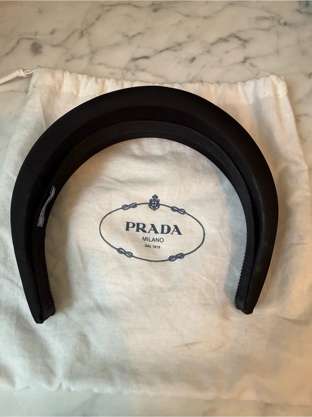 Prada Black Padded Headband with Silver Logo Plaque